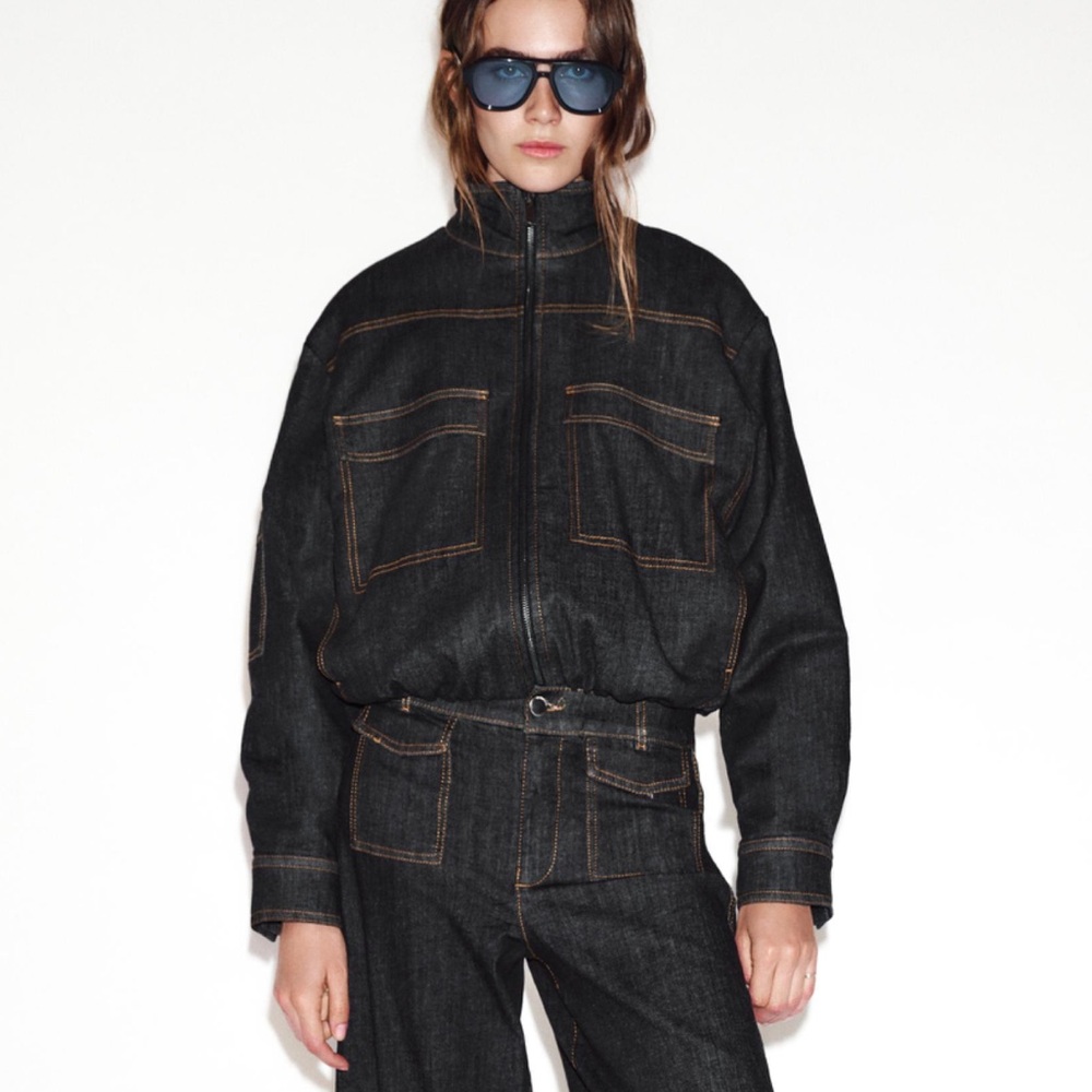 NWT ZARA Dark Wash Oversized Jean Jacket Big Front Patch Pockets Rigid Cotton S
